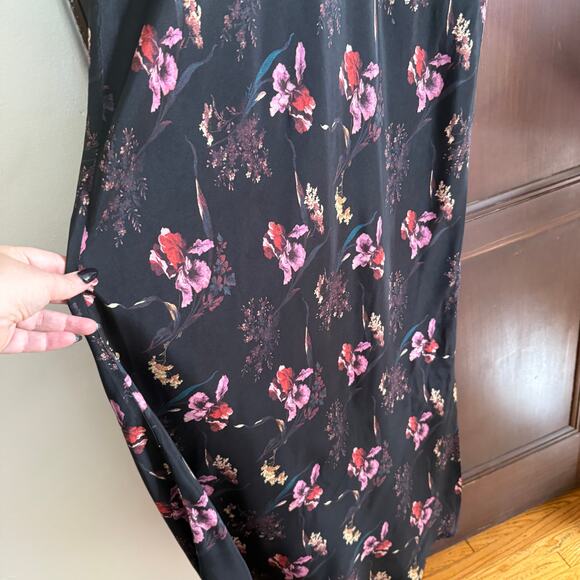 MADEWELL | Black Floral Wide V Neck Midi Dress Vegan Silk 1920s Style | Size 8 - Picture 6 of 8